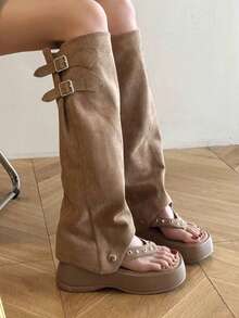 Women's 2-Way Khaki Wide Leg Boots, Open Toe Thong Thick Platform Shoes, Western Cowboy Style, Metal Buckle And Rivet Decor, Retro Autumn/Summer - Khaki - View 5