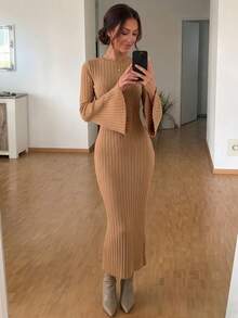 QUNGIGU Women Elegant Vertical Ribbed Knit Long Dress Crew Neck Bell Sleeve Clothes For Daily Casual Going Out Dating - Brown - View 3