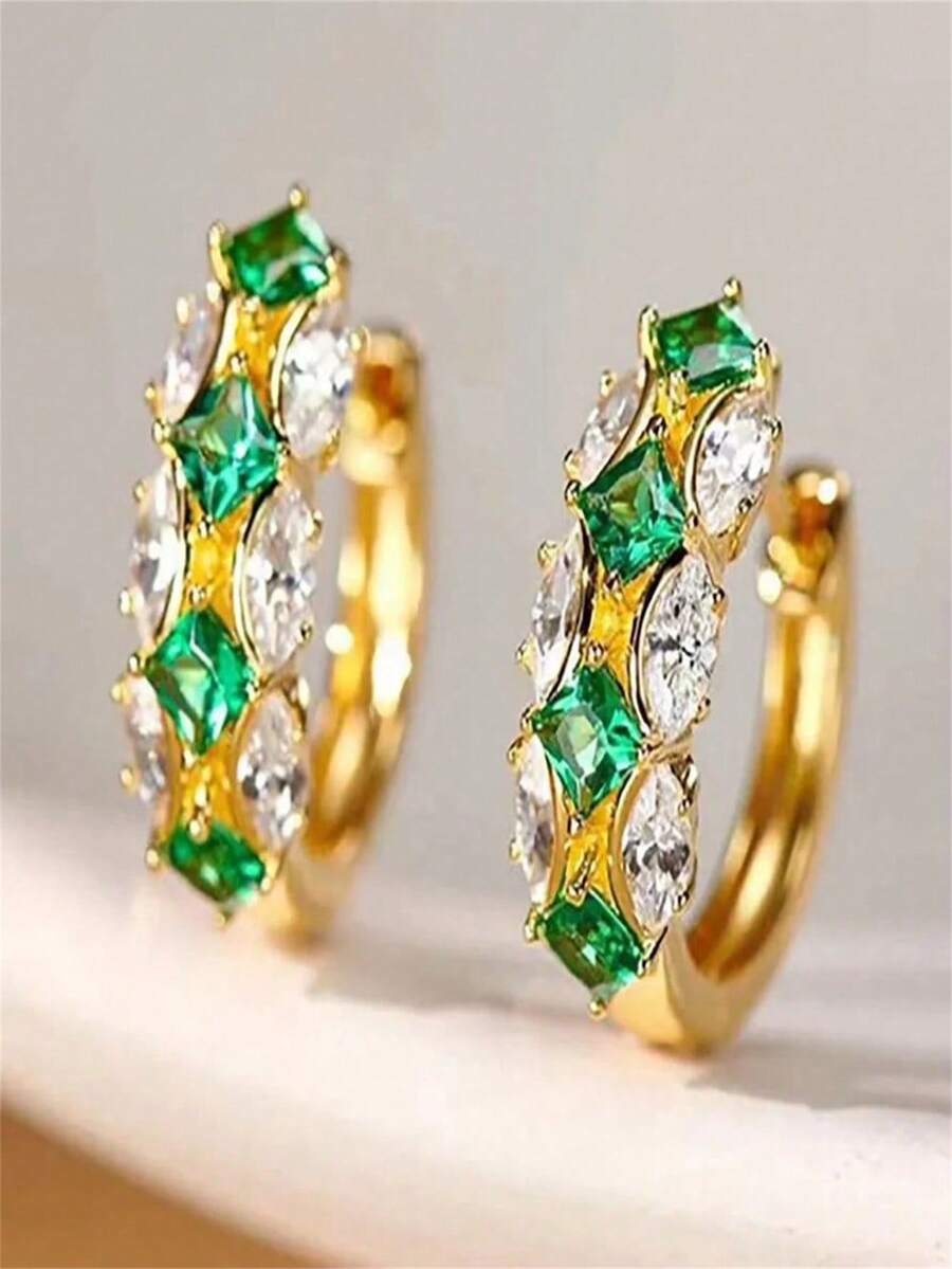 1 Pair Elegant Green & White Cubic Zirconia Inlaid Champagne Gold Plated Women's Earrings, Suitable For All Special Celebrations Throughout The Year, Enhancing Your Charm - Green - View 1