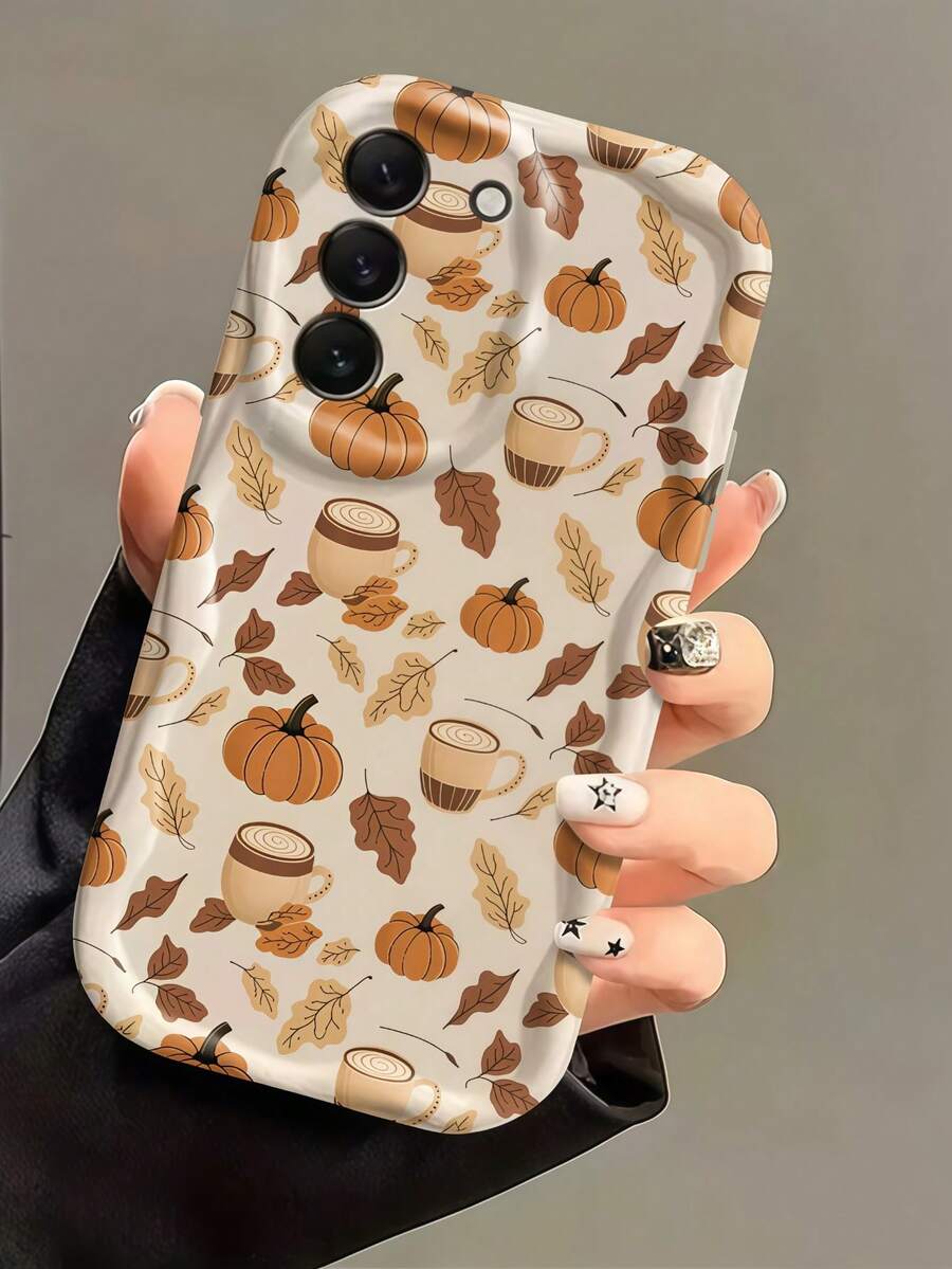 1pc Cream Wavy Edge Shockproof Anti-Fall Protective Phone Case, Autumn Phone Shell, Wavy Edge Cream Background Pumpkin Coffee Cup Maple Leaf Full Print Soft TPU Anti-Fall Phone Protective Case, Suitable For Android System Anti-Fall Protective Shell Compatible With Samsung, Series Phones - White - View 1