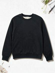 Women's Thick Fleece Lined Crew Neck Sweatshirt, Casual Solid Black Long Sleeve Winter Pullover - Black - View 3