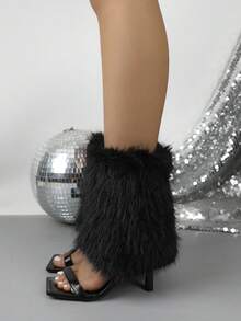 Autumn/Winter Niche Long Fur Ankle High Heel Sandals Boots Women Square Toe Single Strap Stiletto Heel Slimming Short Boots - Black - View 7