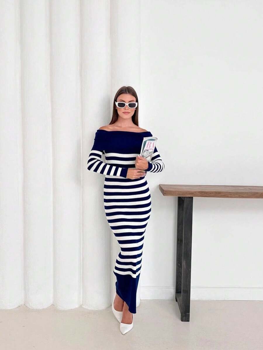 Women's Stylish Striped Bardot Dress - Navy Blue - View 1