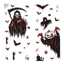 Halloween Decoration Static Cling Stickers, Pumpkin Skull Scythe Grim Reaper Glass Stickers Bat Spider Ghost Window Decals, Holiday & Party Glass Window Stickers - A - View 6
