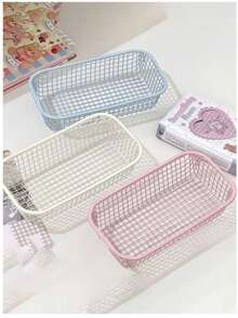 4Pcs Cream Tone Multi-Size Iron Wire Storage Basket Set, Thick Rustproof Hollow Square Mesh Organizer, Nordic Minimal Vintage Desktop Caddy For Stationery Cosmetics Sundries, Dorm Office Home Use, Back To School Housewarming Birthday Gift - Multicolor - View 17