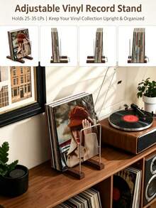 1pc Solid Wood Vintage Vinyl Record Holder, Iron & Wood Combination Storage Rack, Desktop Record Display Stand, Compact Minimalist Vertical Vinyl Storage Rack, Adjustable | Solid Wood & Steel Structure, Holds 25-35 LP Records With Adjustable Position, Tool-Free Assembly, Non-Slip Base - Multicolor - View 4