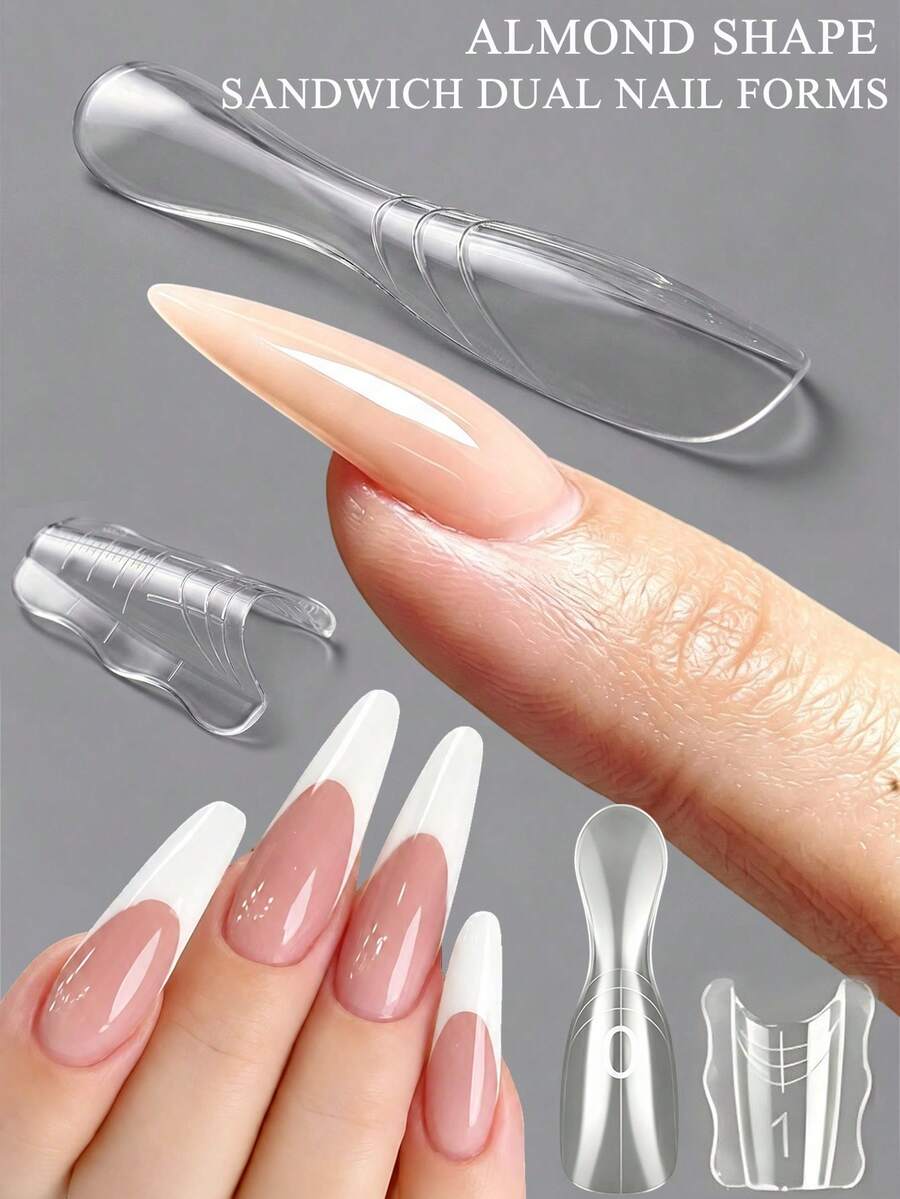 FULL BEAUTY 60片杏仁形三明治雙面美甲模具 透明可重複使用 Poly Gel 凝膠美甲延長模具 多尺寸假指甲模具 透明壓克力建構凝膠美甲尖端 DIY 家用美甲與美甲沙龍適用 初學者快速美甲延長系統 - 無色 - 查看 1