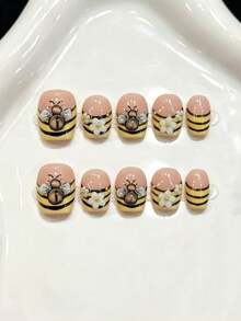 10pcs Long Square Handmade Press-On Nails, Party & Daily Wear, Yellow Nails, 3D Bee Press-On Nails, Fresh White Flower & Yellow-Black Striped Playful Handmade Fake Nail Tips, Easy To Wear, Suitable For Girls & Women Holiday Party & Daily Wear - Yellow - View 10