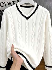 1pc Teen Boys V-Neck Knit Sweater, Elegant & Comfortable, Versatile For Gatherings, Outings, Back To School - White - View 9