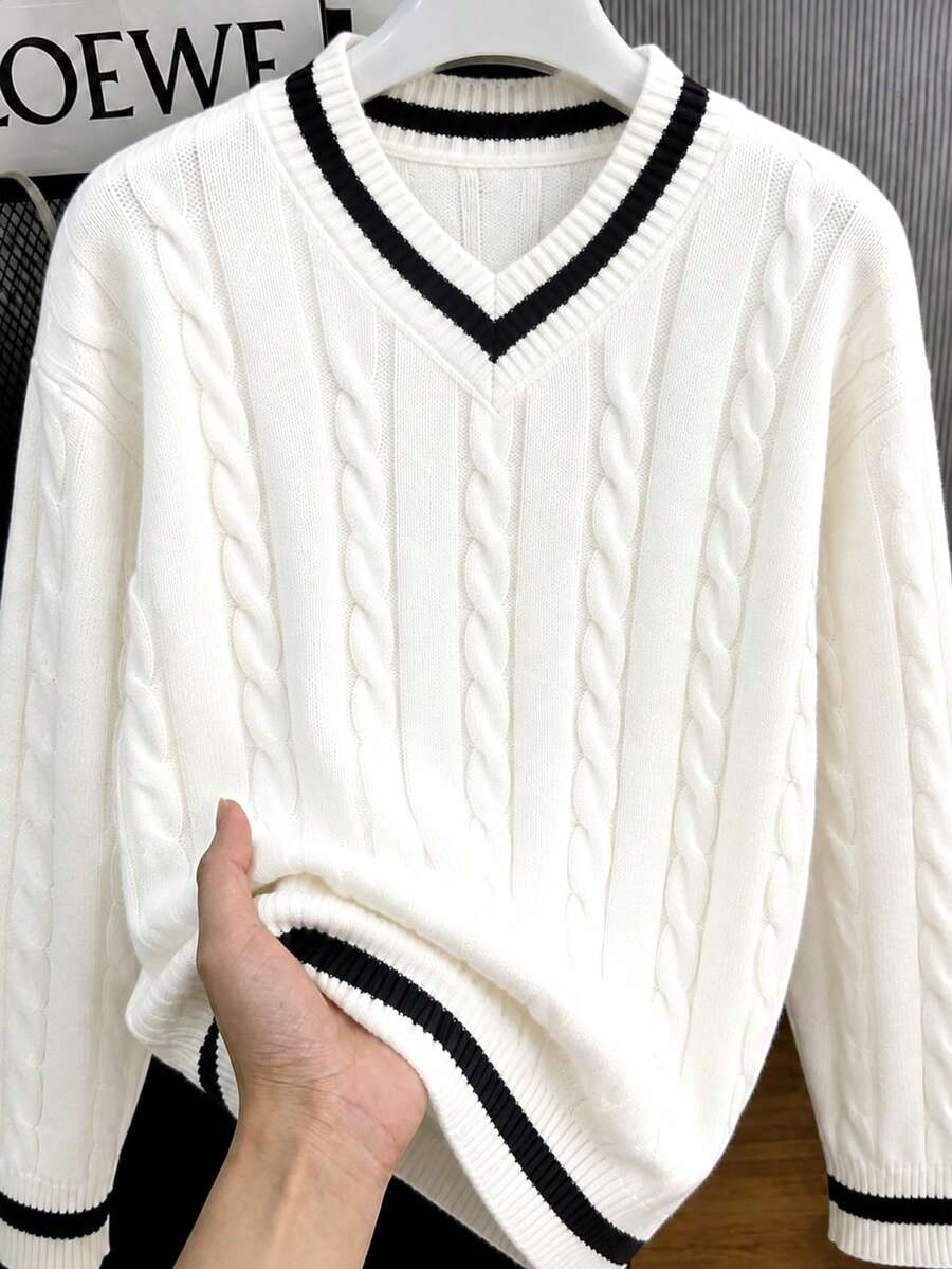 1pc Teen Boys V-Neck Knit Sweater, Elegant & Comfortable, Versatile For Gatherings, Outings, Back To School - White - View 1
