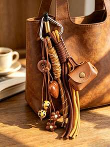 Vintage Brown PU Mini Earbud Case Bag Charm Keychain, Braided Tassel Strap With Heart, Flower & Leopard Bead Pendant, Bags Accessory Gift For Women - Multicolor - View 2