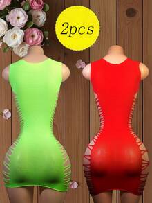 2Pcs Women's Neon Green Sexy Fishnet & Distressed Cutout Bodycon Mini Dress Set Halter Tassel Mesh And Sleeveless Hollow Out Stretchy Lingerie Clubwear Dresses - Multicolor - View 2