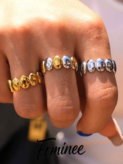 Frminee 3pcs/1pc 18K Gold Plated Stainless Steel Polished Oval Open Ring, Stackable Minimalist Women's Daily Wear Charming Jewelry