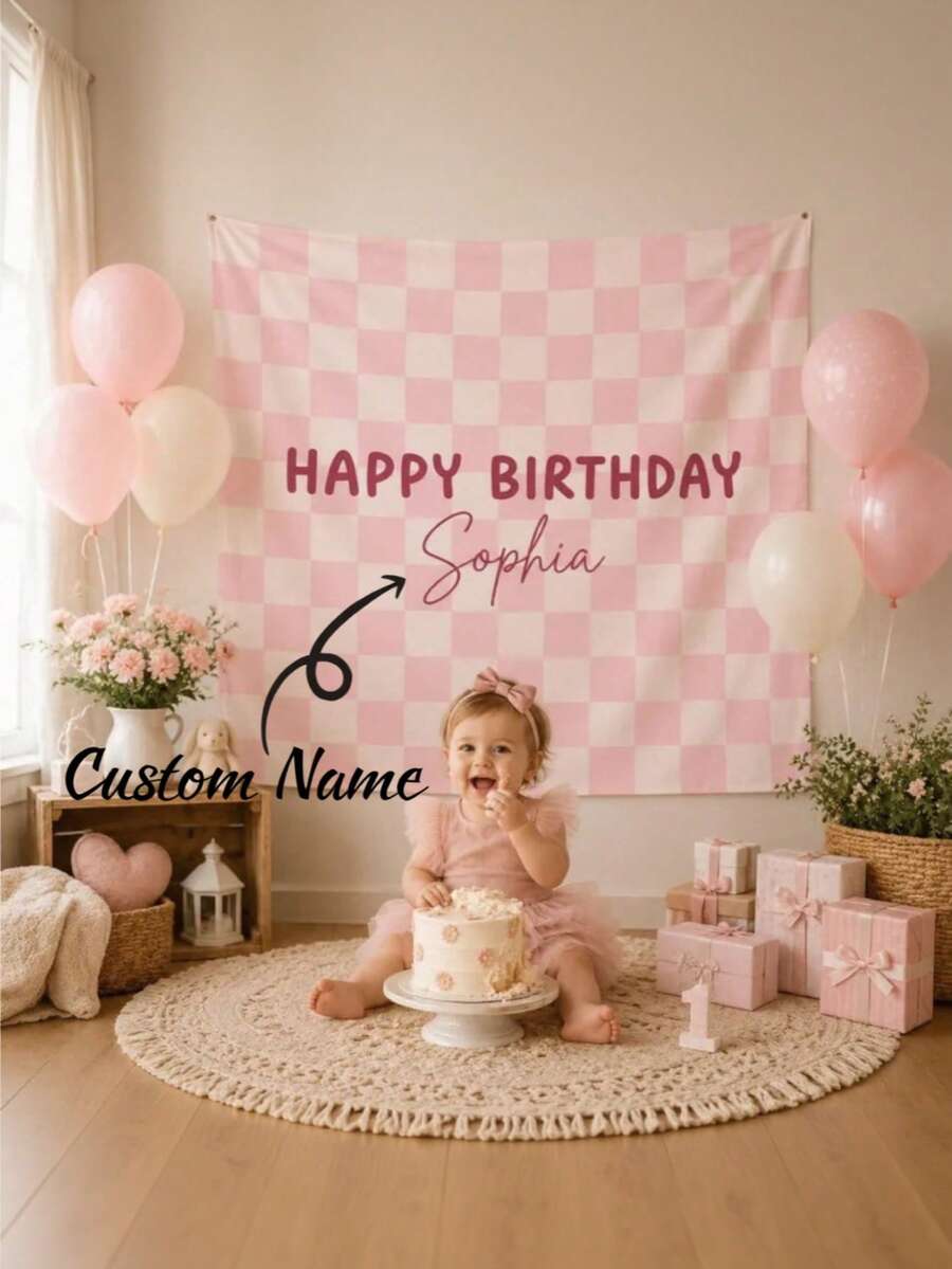 Customizable Name Plaid Happy Birthday Backdrop, Personalized Multi-Color Bohemian Style Birthday Wall Decor, Indoor/Outdoor Use, Birthday Party Cake Smash Background Decoration Photography Banner, Polyester Material - Type B - View 1