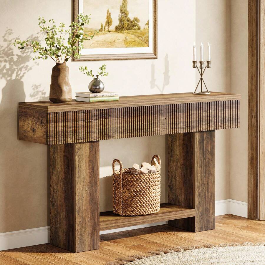 LITTLE TREE 140cm Farmhouse Console Table, 2‑Tier Storage Sofa Table Behind Couch, Rustic Wood Entryway Table For Hallway, Living Room