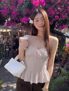 V領蕾絲飾邊蝴蝶結肩帶休閒粉色細肩帶背心 - 粉色 - 查看 8