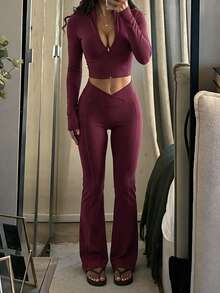GLAMSKIN Women's 2-Piece Yoga Set, Zipper Long Sleeve Cropped Top & V-Waist Flare Pants, Autumn Daily Wear And Back To School Sports Outfit Elegant - Purplish-red - View 4