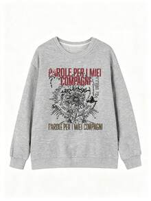 Women's Crew Neck Sweatshirt, Autumn/Winter New Graphic Pattern & Letter Print, Casual Versatile Loose Fit Top, Fashionable Everyday Wear - Dark Gray - View 3