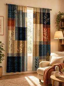 2pcs Modern Geometric Grid Patchwork Print Semi-Sheer Curtains, Rod Pocket Hanging, High-Definition Digital Print, Privacy Protection, Hand Washable And Machine Washable, No Hooks, Suitable For Living Room, Bedroom, Study, Nordic Minimalist Style Home Decor - Multicolor - View 6