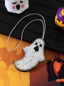 1pc Halloween Seed Bead Handmade Sewn Pumpkin Ghost 3D Funny Design Women's Bag Keychain Pendant,Bag Charms - White - View 6