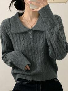 Korean Style Polo Collar Cable Knit Pullover Long Sleeve Sexy Sweater For Women - Dark Grey - View 1