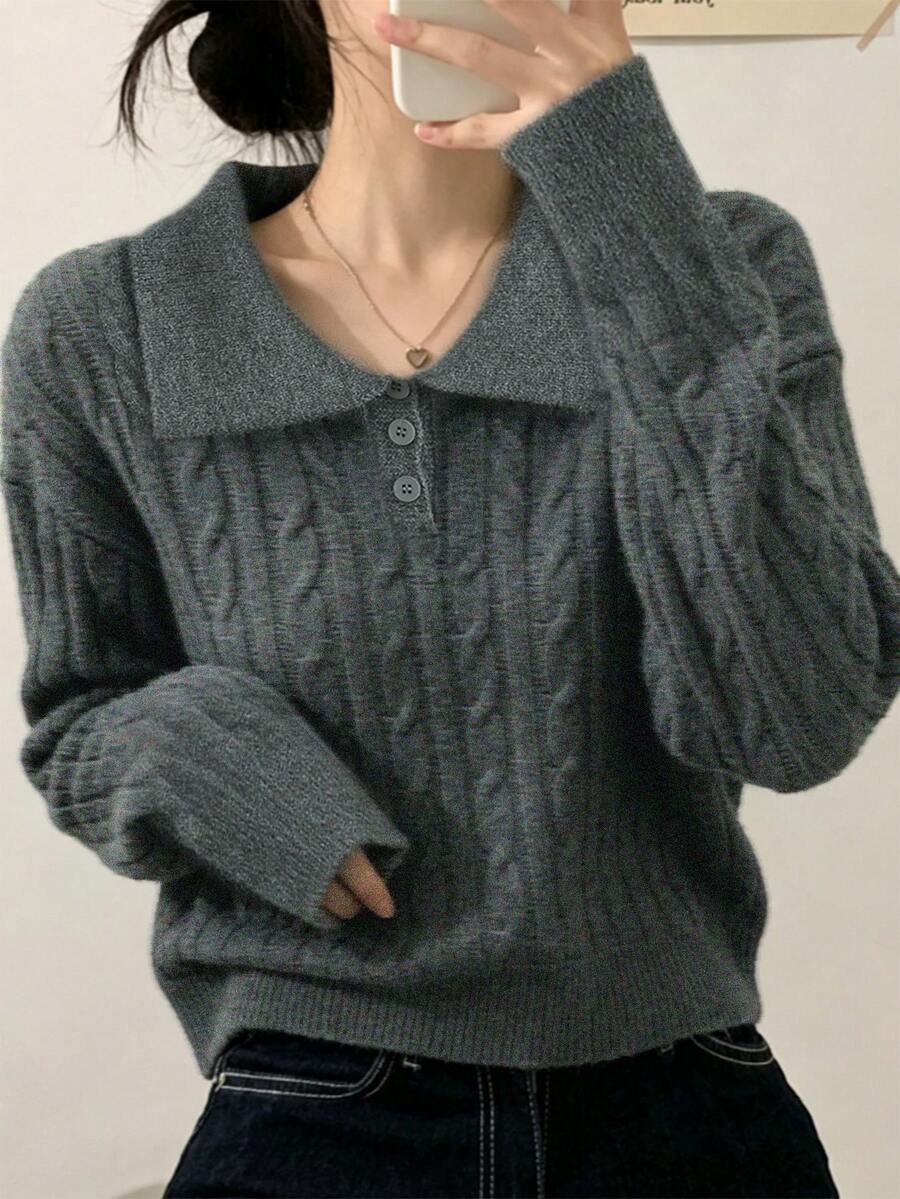 Korean Style Polo Collar Cable Knit Pullover Long Sleeve Sexy Sweater For Women - Dark Grey - View 1