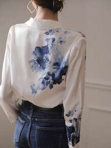 YUXIN Women's Elegant Printed Shirt, Collared Long Sleeve Button Front Regular Fit Polyester Blouse, Autumn Fashion - Blue and White - View 9