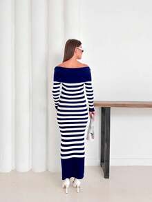 Women's Stylish Striped Bardot Dress - Navy Blue - View 3