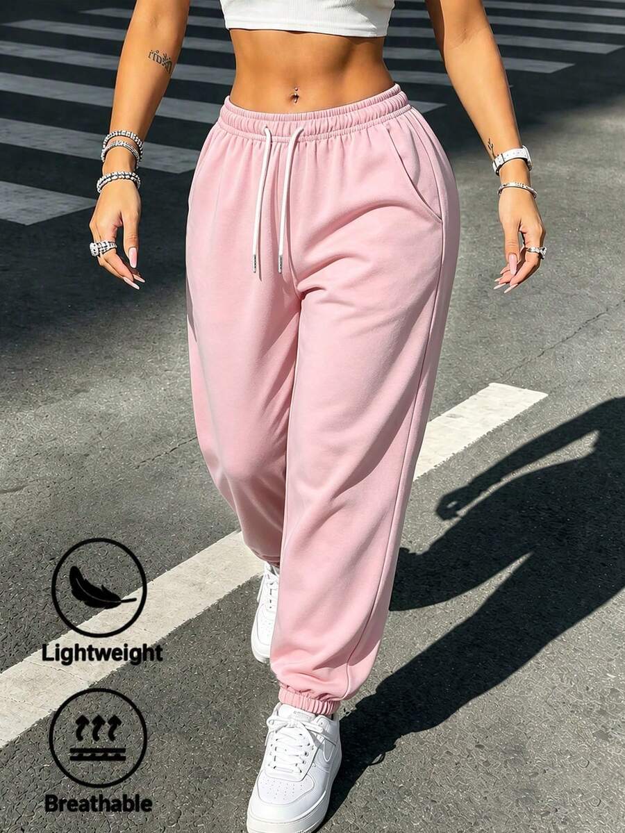 女款時尚輕量黑色運動長褲-彈性抽繩設計,適合四季穿著,健身與休閒穿搭,慢跑褲,適用戶外活動、通勤、日常穿著,返校必備 - 粉色 - 查看 1