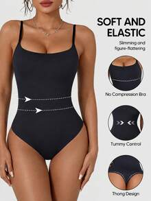 Women's Solid Color Spaghetti Strap High Elasticity Tummy Control Shaping Tank Top Black Summer Style - Black - View 6