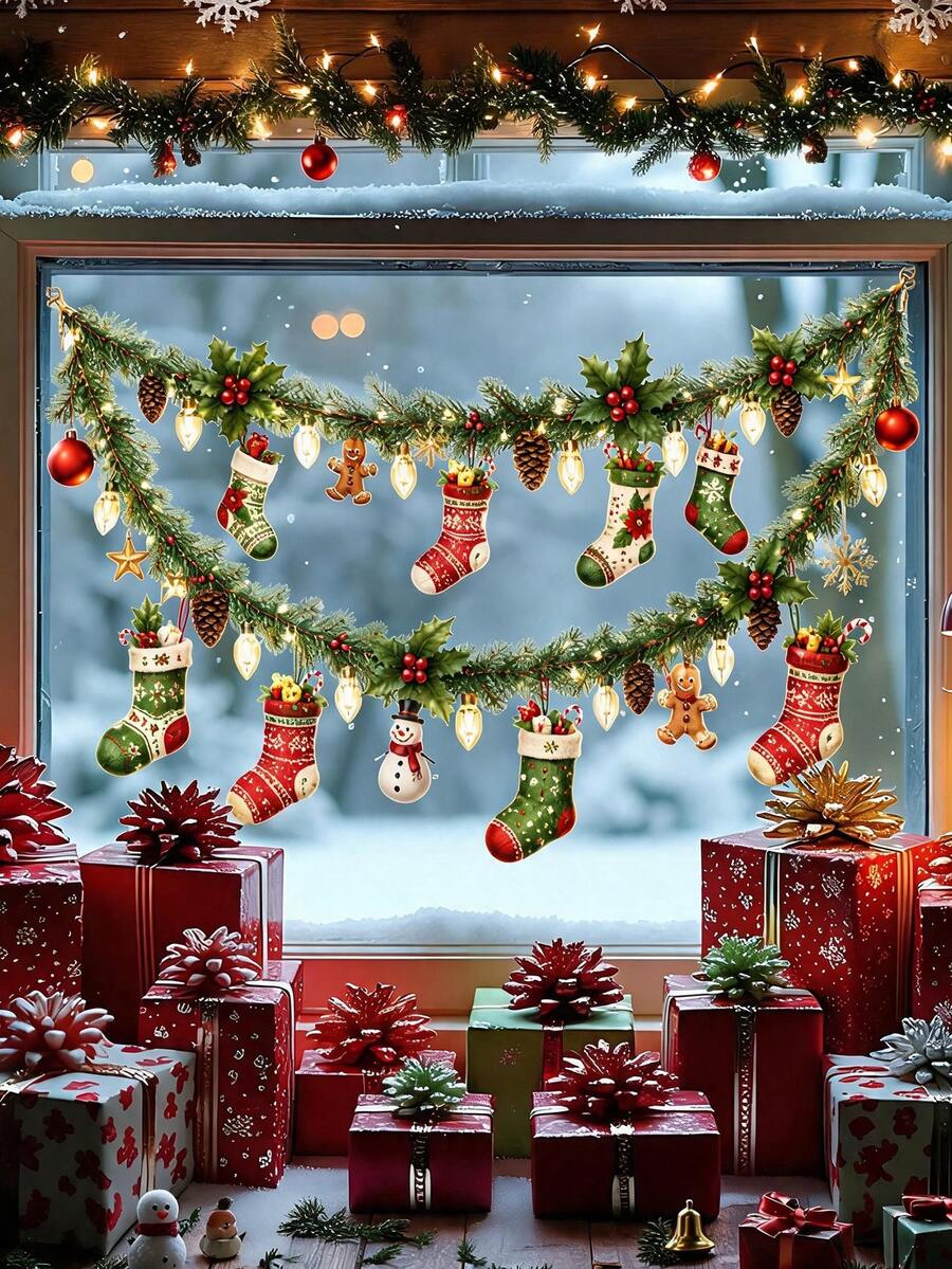 1pc New Christmas Theme Window Sticker, Pattern Includes Christmas Socks, Pine Branches, Red Berries And Stars, Exquisite Pattern Self-Adhesive Decorative Sticker, Suitable For Store Windows And Indoor Glass Smooth Surfaces, Merry Christmas