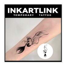 INKARTLINK 1PC Gradient Mermaid Long Hair Temporary Tattoo Sticker, Waterproof Body Art Tattoo Sticker, Lasts 2-5 Days, Water Transfer Color Tattoo Sticker, Suitable For Men And Women, Must-Have For People, Party Essential Decoration, Holiday Celebration Body Decoration - Black - View 1