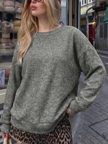Women's Wool Blend Knit Pullover Sweatshirt, Wool Sweatshirt Crew Neck Sweatshirt, Fall Clothes Fall Outfit For Women, Vacation Outfits, Fall Style, Fall Clothes, Winter Clothes C - Grey - View 3