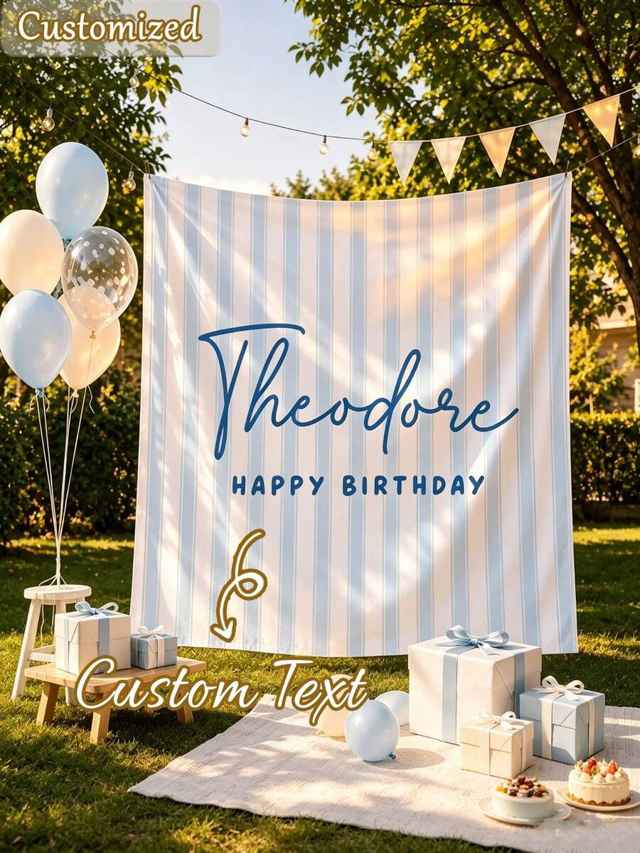 Customizable Name Striped Happy Birthday Backdrop Banner, Personalized Background Banner For Indoor Wall Decor, Birthday Wedding Holiday Party, Fabric Home Garden - Multicolor - View 1