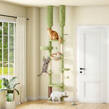 Cat Tree, Height Adjustable From **" To **", Multi-Functional Cat Climbing Tower, With Cat Hammock, Scratching Posts, Dangling Balls, Climbing Platforms, Rubbing Post, Feeding Area, Green - Green - View 1