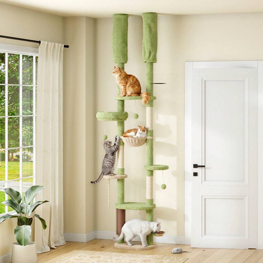 Cat Tree, Height Adjustable From **" To **", Multi-Functional Cat Climbing Tower, With Cat Hammock, Scratching Posts, Dangling Balls, Climbing Platforms, Rubbing Post, Feeding Area, Green - Green - View 1