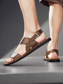 Men's Vintage Business Summer Roman Sandals, 39-48 Size Microfiber Soft Leather Back Strap, Non-Slip Beach Vacation Daily Versatile Sandals - Brown - View 6