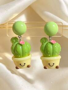 1 Pair Cartoon Cute Resin Cactus Earrings, Personalized Exaggerated Versatile Fashion Sweet Quirky, Suitable For Girls Dating, Vacation, Party, Gathering Outfit Wear - Multicolor - View 7