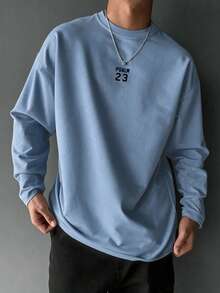 SU ER 1pc Men's Autumn Casual Daily Letter Print Long Sleeve T-Shirt | Fashionable & | Show Your Style - Dusty Blue - View 3