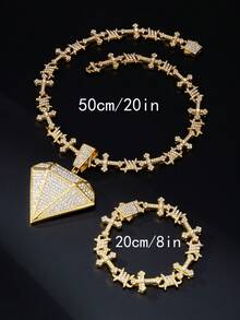 Iced Out Thorn Cross Chain Necklace & Bracelet Set, Full Rhinestone Diamond Shape Pendant Hip Hop Jewelry Set For Men,Party Club Daily Wear - Hip Hop Cross Thorn Set - View 4