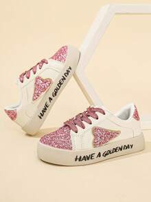 Girls' Sequin Heart Lace-Up Soft Sole Versatile Casual Sports Sneakers - Pink - View 1
