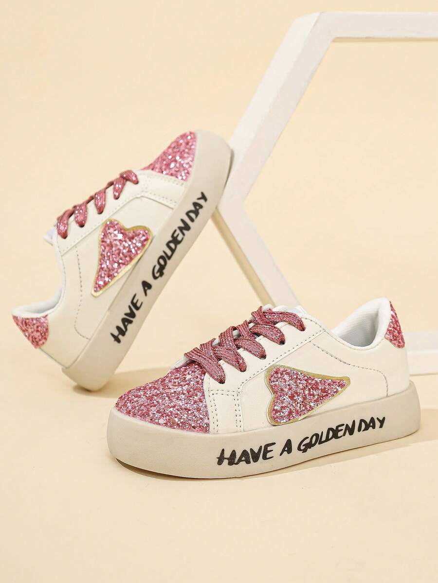 Girls' Sequin Heart Lace-Up Soft Sole Versatile Casual Sports Sneakers - Pink - View 1