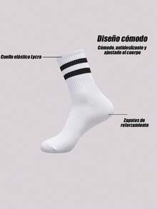 1/5/10 Pairs Men's Classic Double Stripe Black & White Mid-Calf Socks, Retro Collegiate Style, Elastic & Breathable, Versatile Skateboard Socks - White - View 3