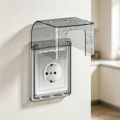 1-Piece Self-Adhesive Cover For 86 Type Standard Outlets With Splash Guard, Dimensions 10.5 * 7.3 * 11.9 Cm, Black-Transparent Design, For Covering Outlets And Plugs