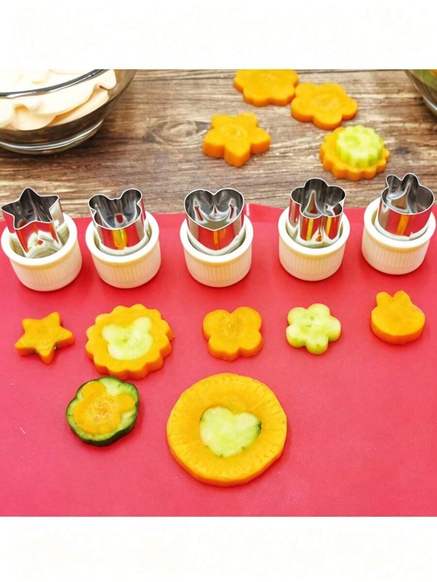 5pcs Stainless Steel Vegetable & Fruit Shaped Cutters With Handles, Flower Shaped Cutting Molds, Cute Fruit Salad Shaping Molds, Mini Baking Cookie Cutters - White - View 1