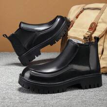 Men's High-Top Leather Riding Boots 2026 Winter New Black Lace-Up Thick Sole Casual Boots Slip-On Elastic Side Design Boots For Daily Commute Street Date Business Occasions Work Boots - Black - View 10