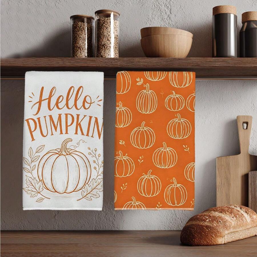 2PCS Kitchen Towel, Autumn Theme Minimalist Pumpkin Pattern Print, 40*60cm Rectangular Microfiber Kitchen Towel, Dish Cloth, Table Cloth, Hand Towel, Kitchen Decor, Home Decor, Neighbor Housewarming Gift, Kitchen Napkin And Dish Cloth, Home Decor, Gift - Orange - View 1