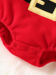 3pcs/Set Christmas Baby Cute Santa Claus Embroidered Fleece Long Sleeve Triangle Bodysuit, Pants And Hat Winter Outfit For Boys And Girls - Red - View 6