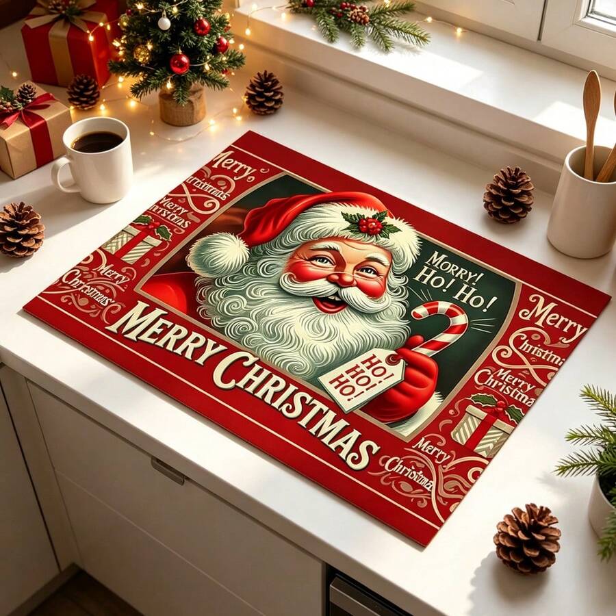 1pc Dish Drying Mat, Coffee Machine Mat, Vintage Christmas Santa Claus Pattern Dish Drying Mat, Absorbent Tabletop Protector, Suitable For Christmas Holiday Scenes, Ideal For Kitchen Counter, Dining Table Placement, Home Gift, Desktop Decor