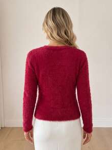 Tie Cutout V Neck Fuzzy Cropped Slim Knit Sweater - Red - View 2
